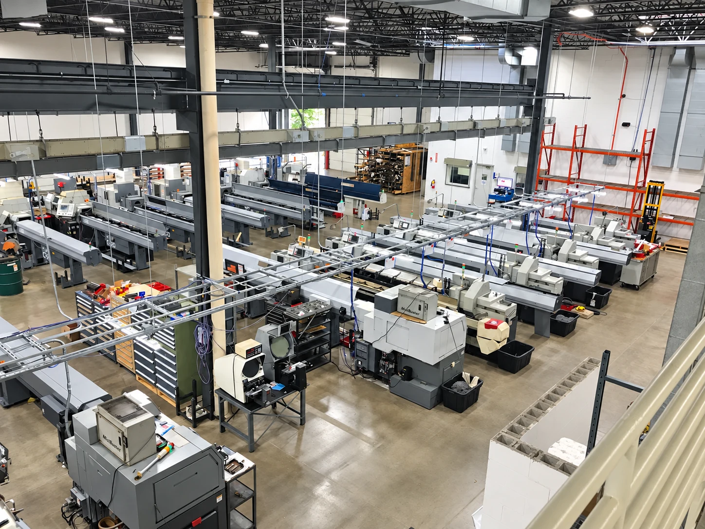 Elevated view of machine rows and overhead support racks in the Bloomingdale machine shop.