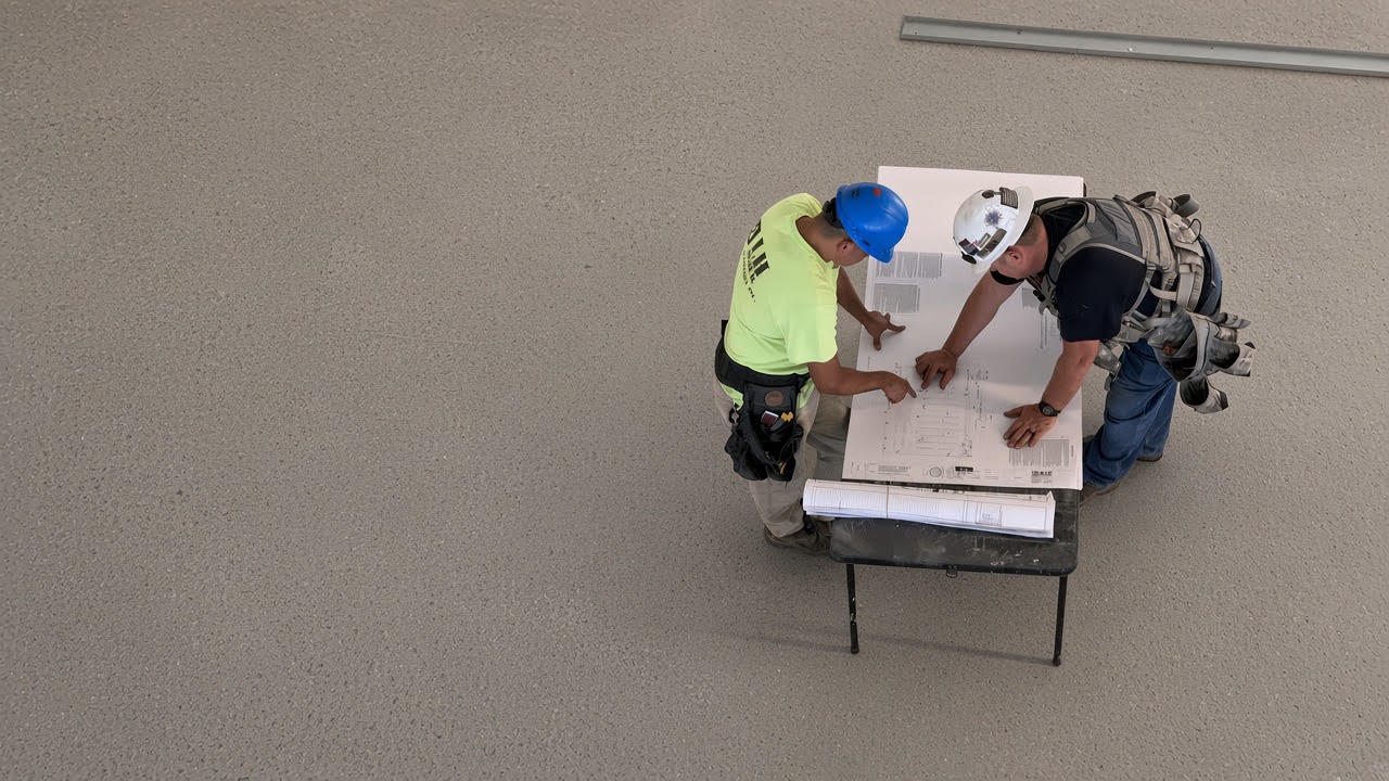 Two construction professionals reviewing drawings at a table.