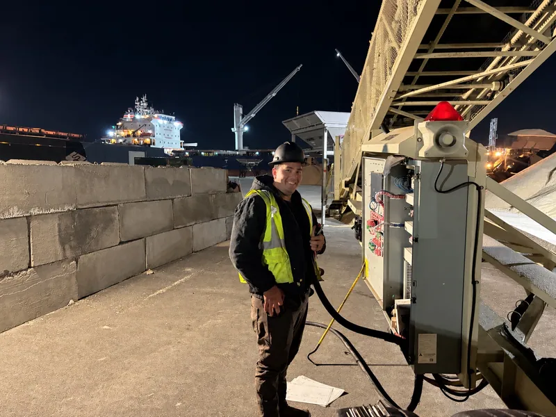 LH Block electrician at a conveyor power repair at Midwest Salt in Chicago.