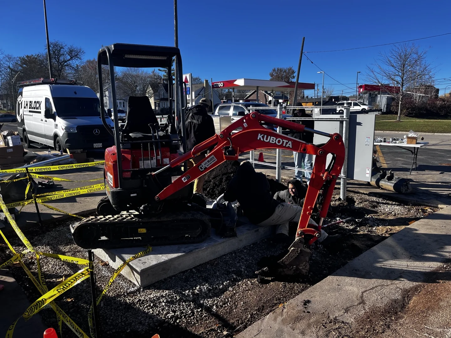 LH Block crew and excavator working beside the electrical equipment rack.