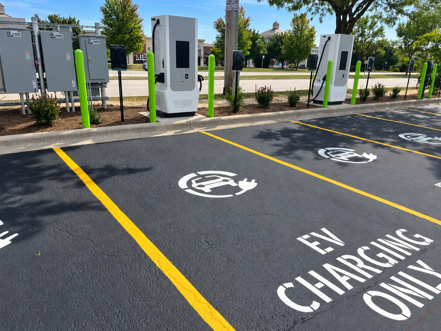 EV charging stations, green protective bollards, and marked parking spaces in Naperville, Illinois.