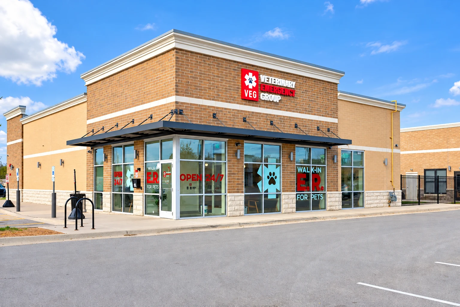 Completed commercial building with a veterinary tenant storefront at The Overlook at Oakbrook.