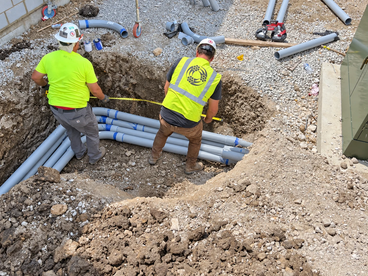 Two electricians measuring underground conduits during electrical construction at the Oak Brook project.