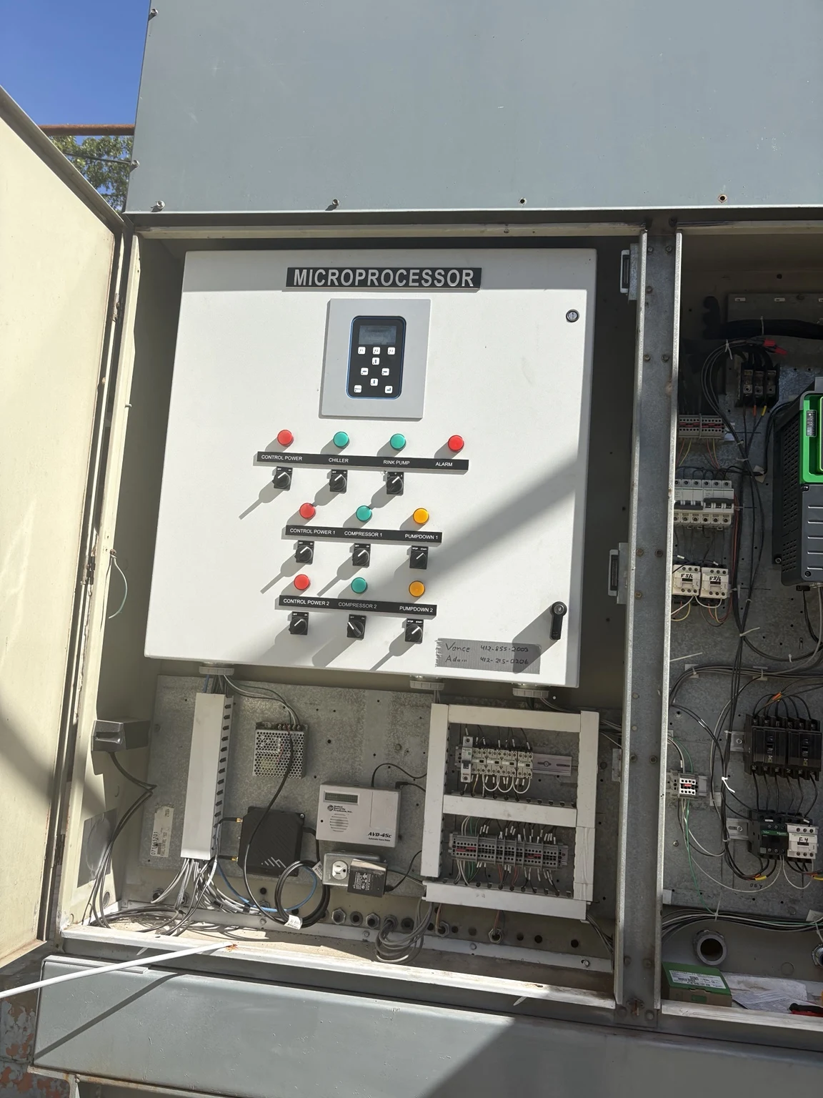 Chiller and rink pump controls on the Polar Dome equipment control panel.