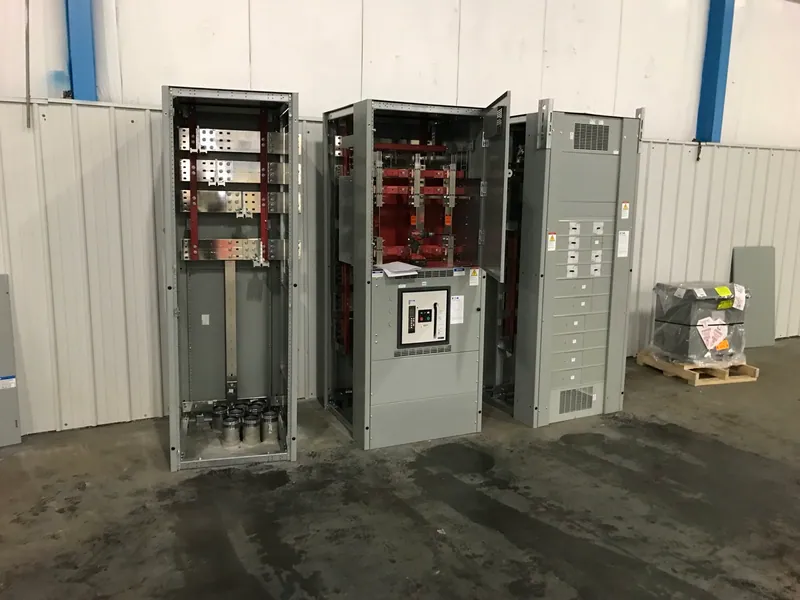 Eaton switchboard sections positioned during installation, before service conductors were installed.