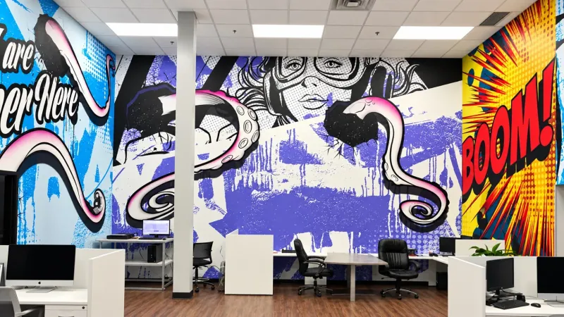 ER2 office with ceiling lighting, workstations and colorful graphic wall coverings