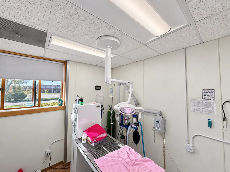 Retrofitted LED ceiling fixtures and the specialty exam light installed by LH Block Electric.