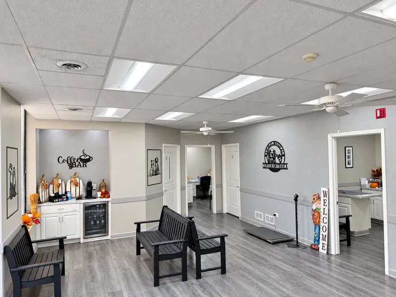 LED ceiling fixture retrofits in the veterinary hospital’s waiting area.
