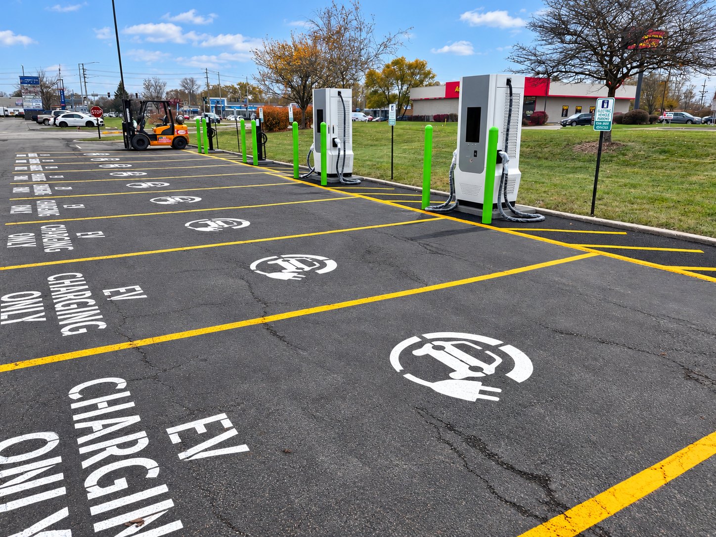 Row of EV charging stations with green bollards and marked parking spaces in Villa Park, Illinois.