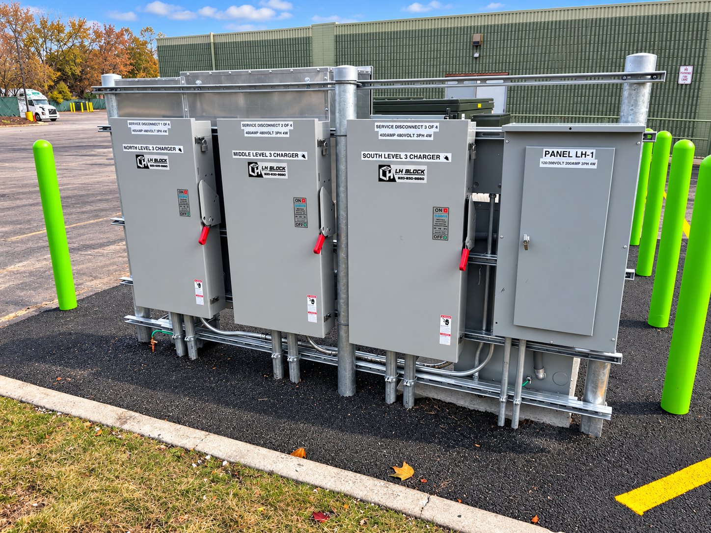 Outdoor charger disconnects and an electrical panel with LH Block labels at the Villa Park EV project.