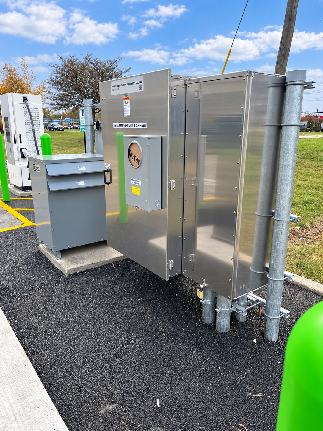 Outdoor electrical service equipment and metering at the Villa Park EV charging site.